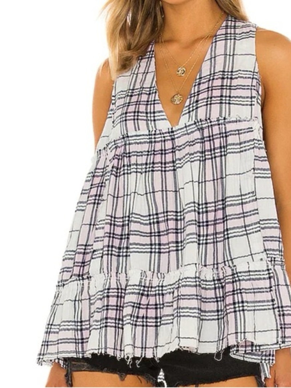 We The Free Sleeveless Plaid V-Neck Tank in White and Light Pink